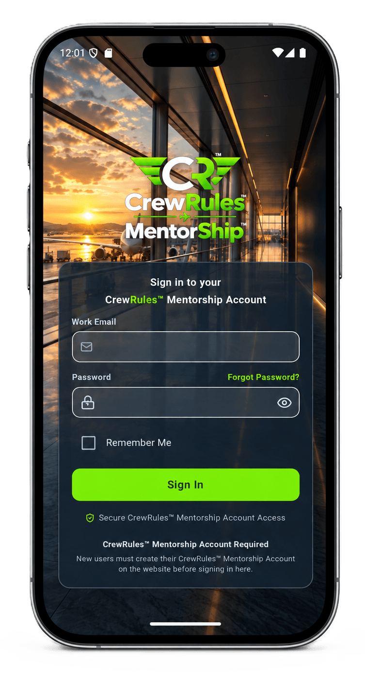 CrewRules MentorShip mobile sign-in screen